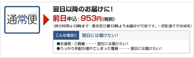 早割電報　通常便｜翌日以降のお届けに！
						前日申込：953円（税込1,001円）（締切時間は18時まで：最短翌日朝10時よりお届けが可能です。一部配達不可地域有）
						こんな場合に｜翌日には届けたい！
						●お通夜・ご葬儀…翌日には届けたい！
						●うっかり手配が遅れてしまった電報…翌日には届けたい！